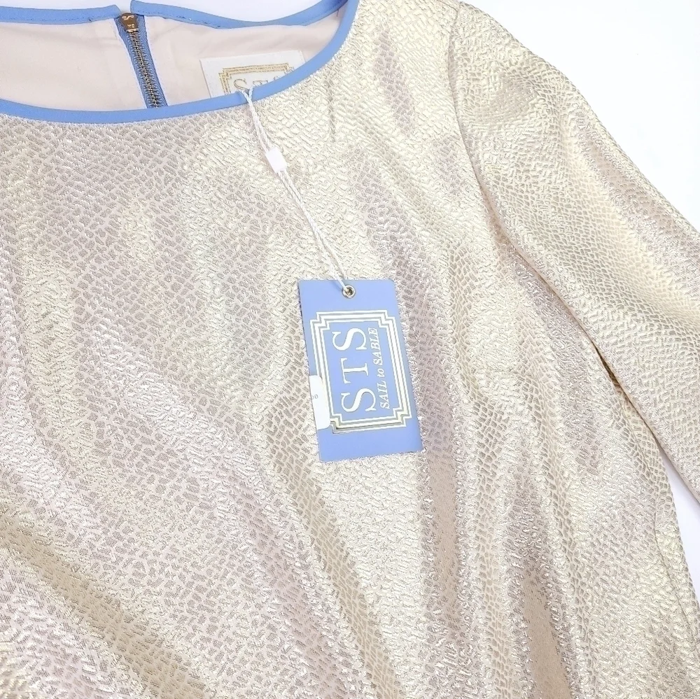 New Sail to Sable Silk Metallic Gold Blue Detailing Dress Sz 4 - Picture 2 of 14